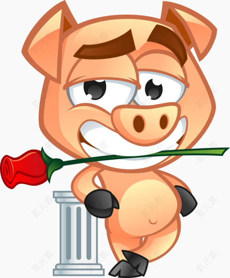 咬玫瑰花的矢量小猪
