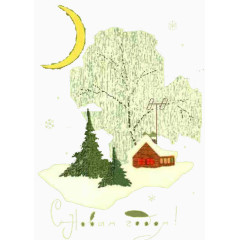 雪夜月亮树木与小屋