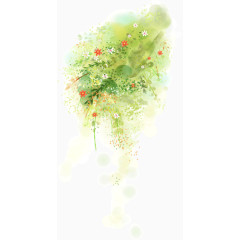 水彩画森林绿树红花