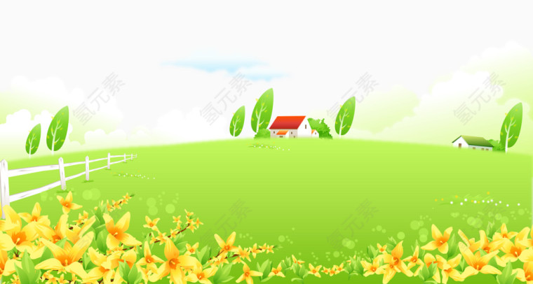 卡通手绘矢量绿色草地花朵房子