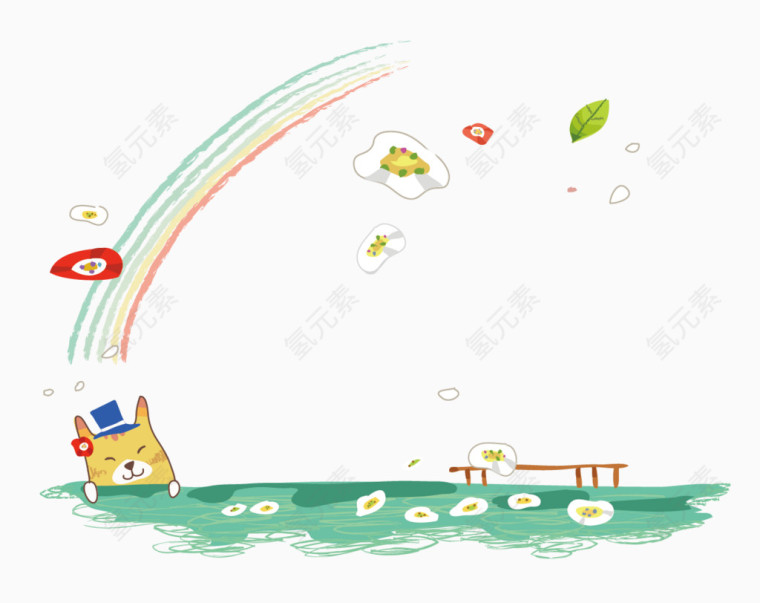 卡通猫调色盘和水彩彩虹