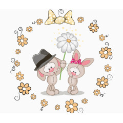 卡通手绘戴帽子兔子情侣花朵示爱