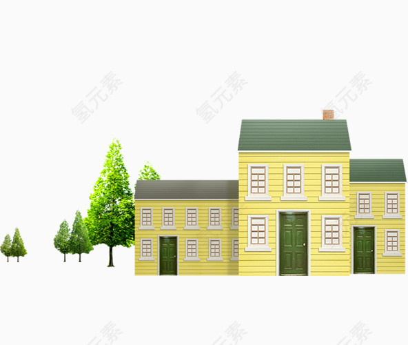 手绘房子和背后的树