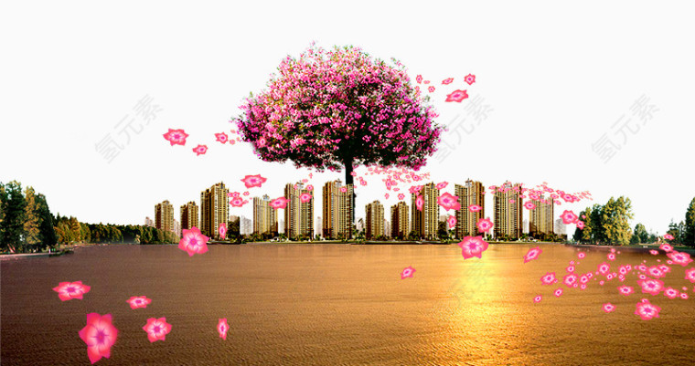 地产海报元素粉色花树