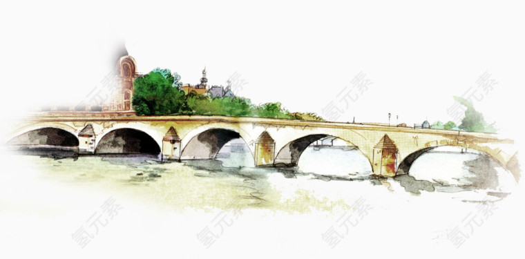 古典大桥建筑手绘