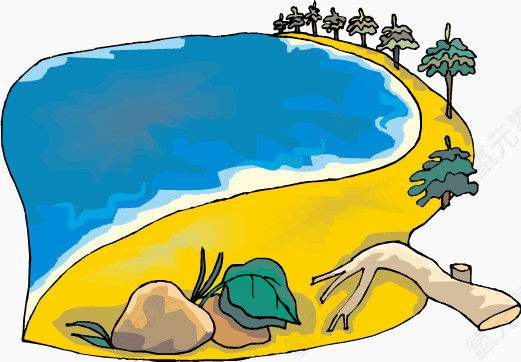 倒地的树干沙滩海边风景插画矢量