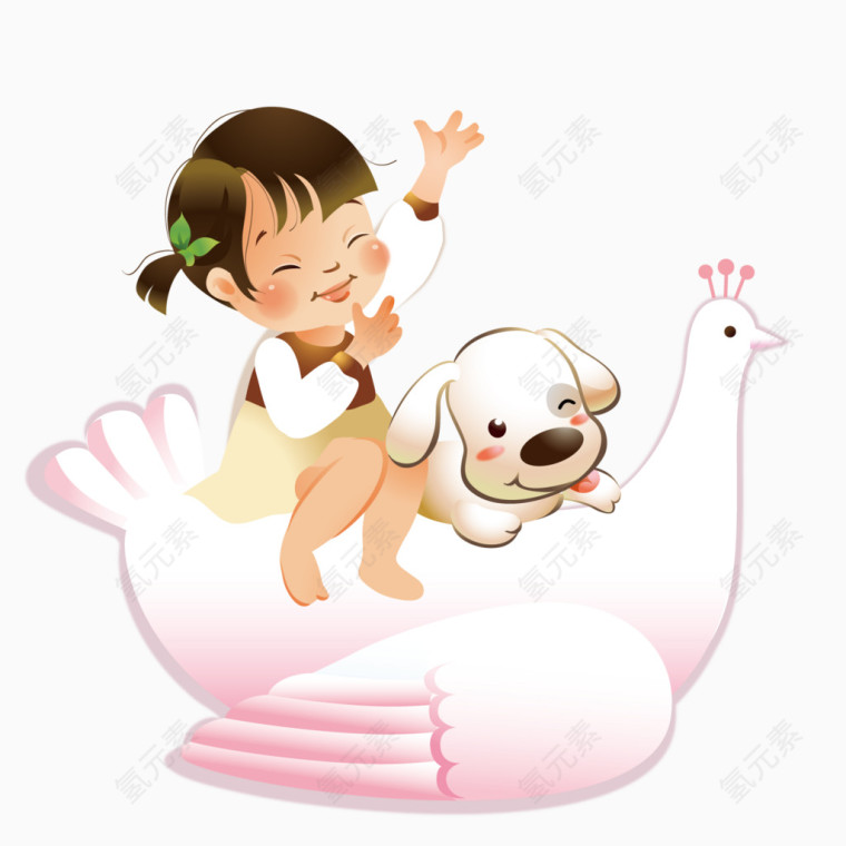 骑着天鹅的小女孩和小狗