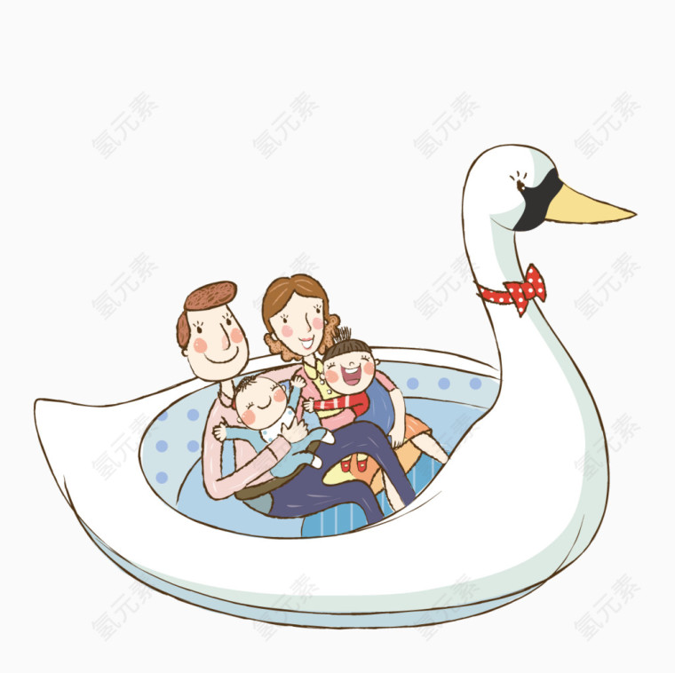 坐着鹅形船只的一家人