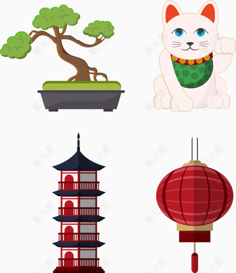 日本招财猫与灯笼