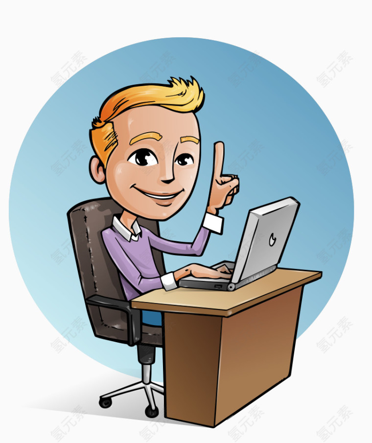 卡通手绘金发上班男人玩电脑