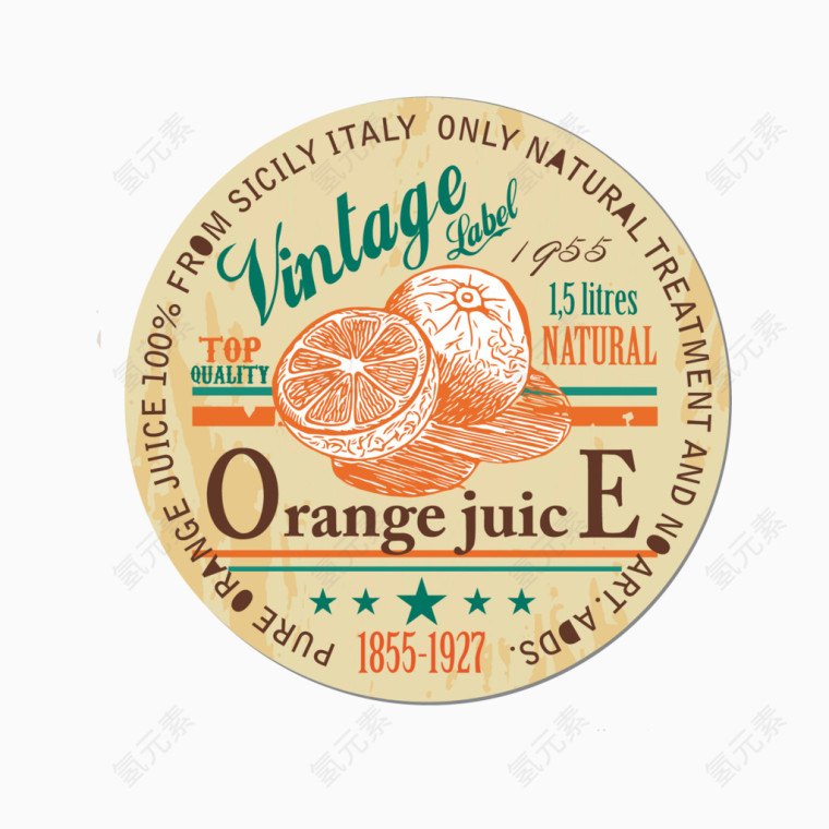 圆形橙子饮料标签矢量图