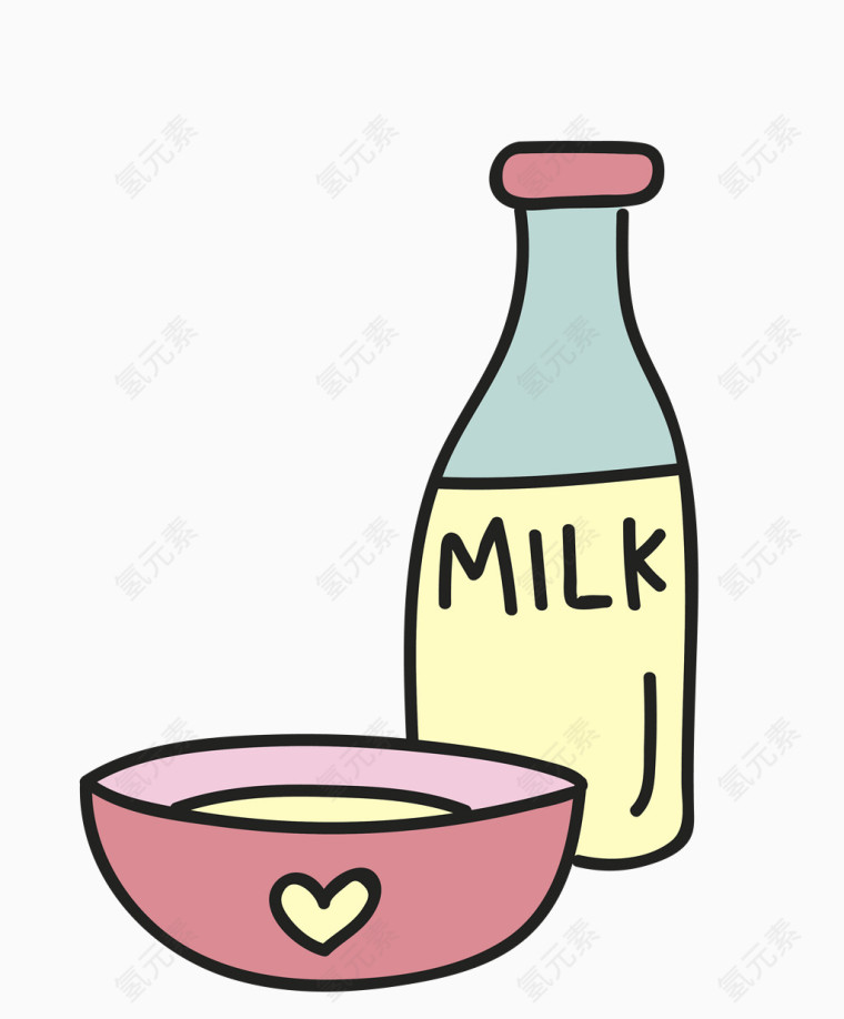 矢量彩色卡通牛奶奶瓶碗