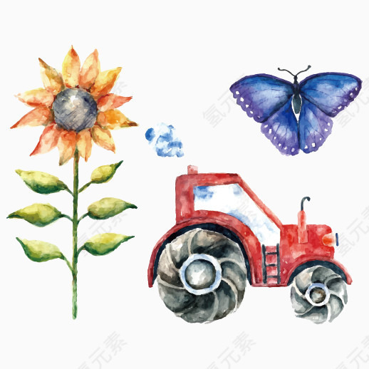 拖拉机向日葵蝴蝶农场元素矢量
