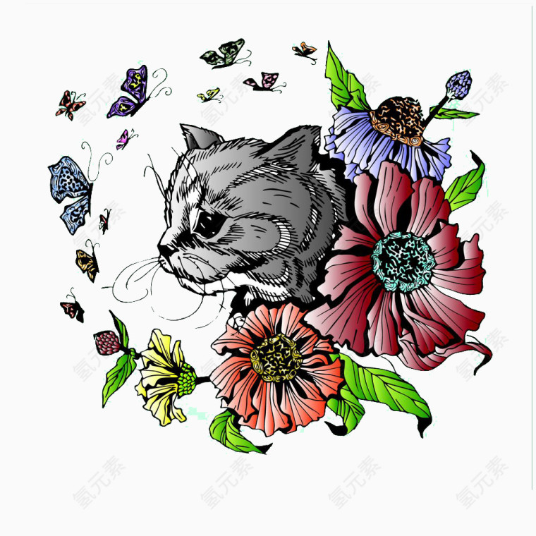 卡通猫咪花朵插画图片