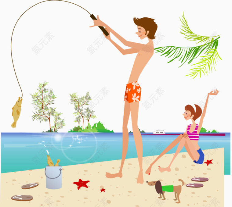 海边沙滩上钓鱼的情侣