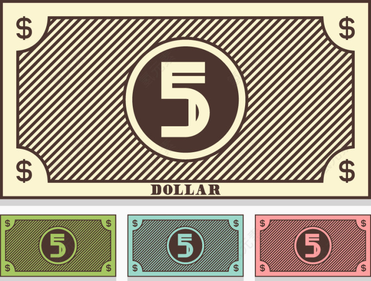 复古5美元钞票的矢量插图
