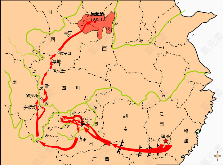 红色箭头指示图长征路线图