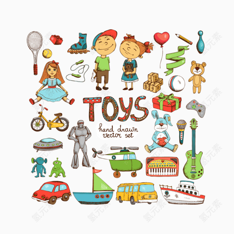 玩具 toys 卡通手绘 娃娃 车 自行车 乐器  矢量图 装饰图案