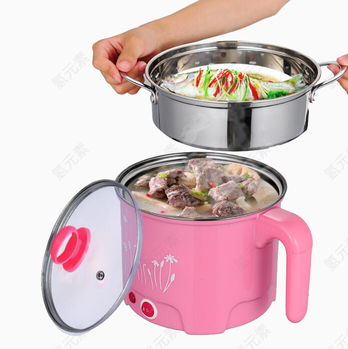 正在煮饭菜的粉色电饭煲