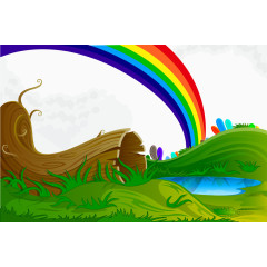 卡通森林水池边彩虹风景矢量图