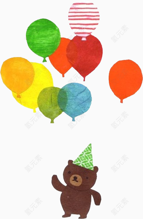 戴绿色帽子深褐色小熊在放气球
