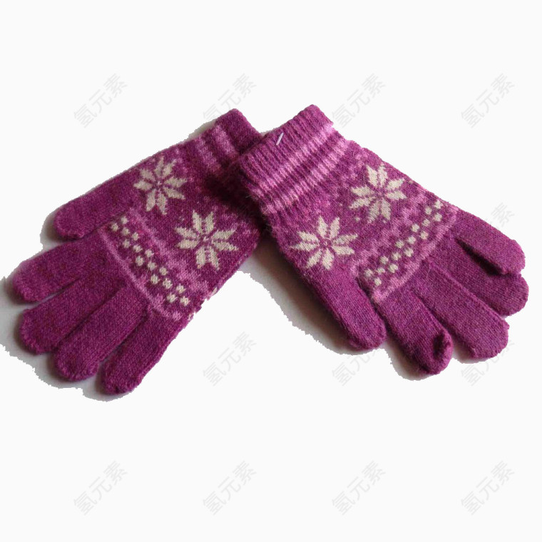 带白花的紫色毛线手套