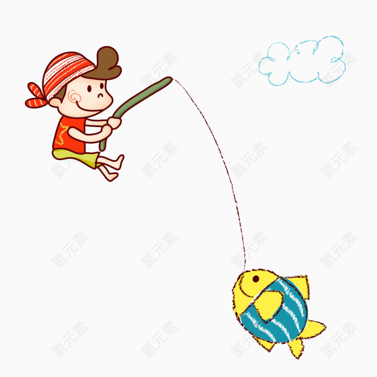 小男孩吊着一只黄色的鱼