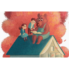 坐在屋顶的夫妇和熊