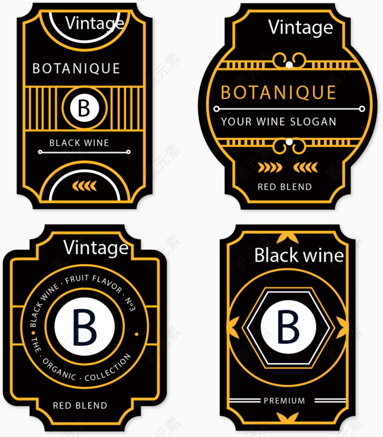 矢量手绘4个黑色标签瓶贴