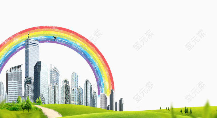 高楼草地彩虹背景免抠素材
