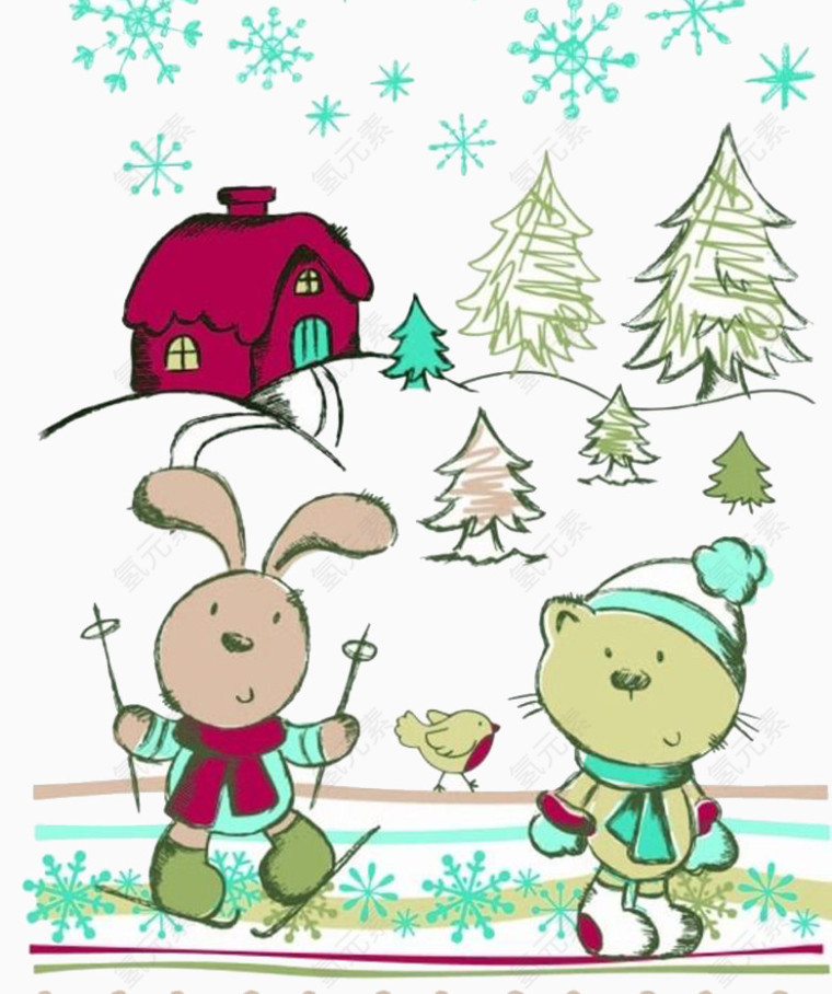 雪景里房屋树木兔子和小熊