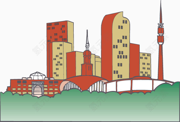 城市红色楼房风景插画矢量