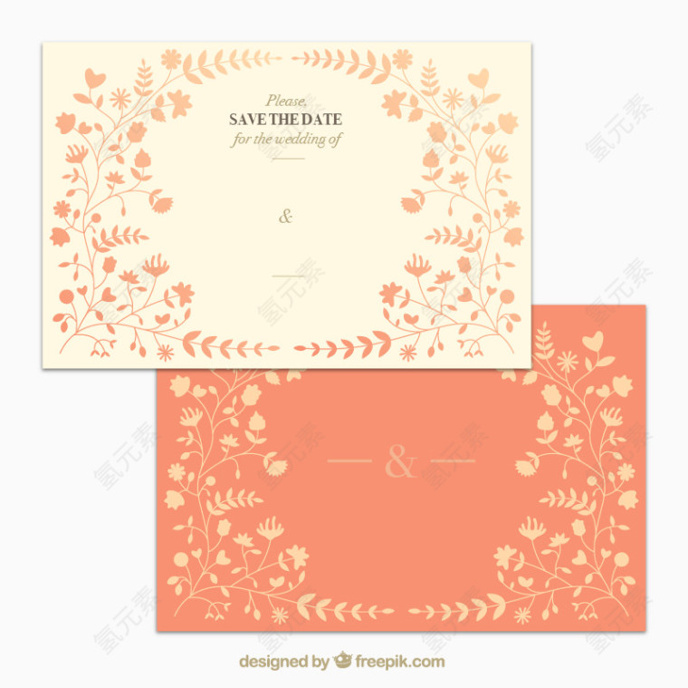 花卉装饰婚礼邀请卡正反面矢量图