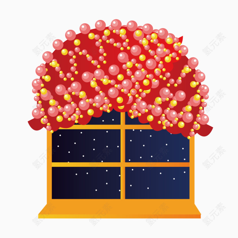 红色小球装饰房屋窗口