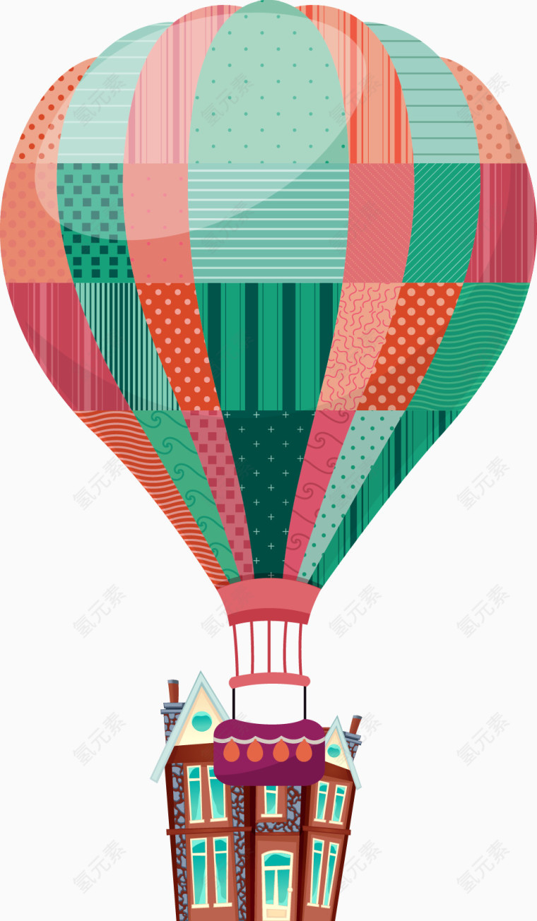 可爱彩色热气球飞屋矢量图