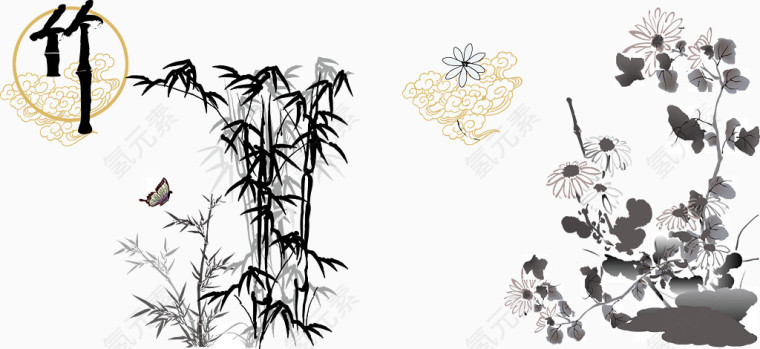 水墨风格竹和菊.