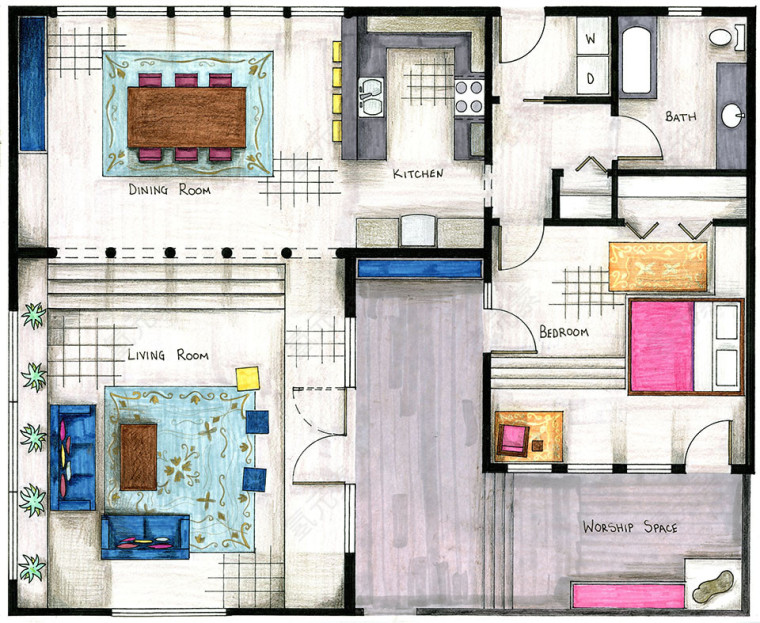 彩色装饰手绘公寓平面图