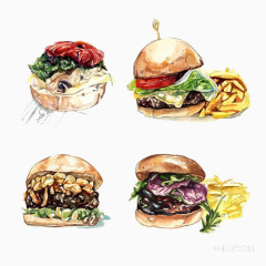 各种口味汉堡手绘画素材图片