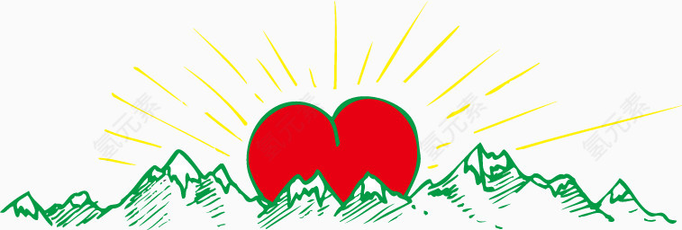 红色爱心太阳绿色山峰矢量