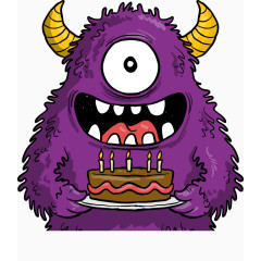 矢量手绘拿着蛋糕的紫色独眼怪