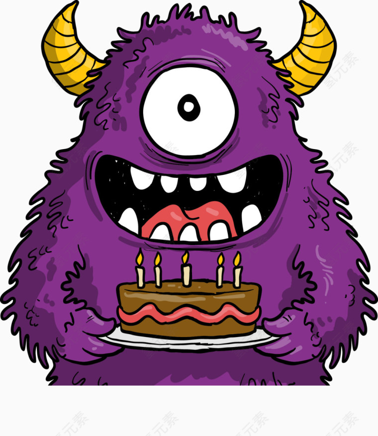 矢量手绘拿着蛋糕的紫色独眼怪