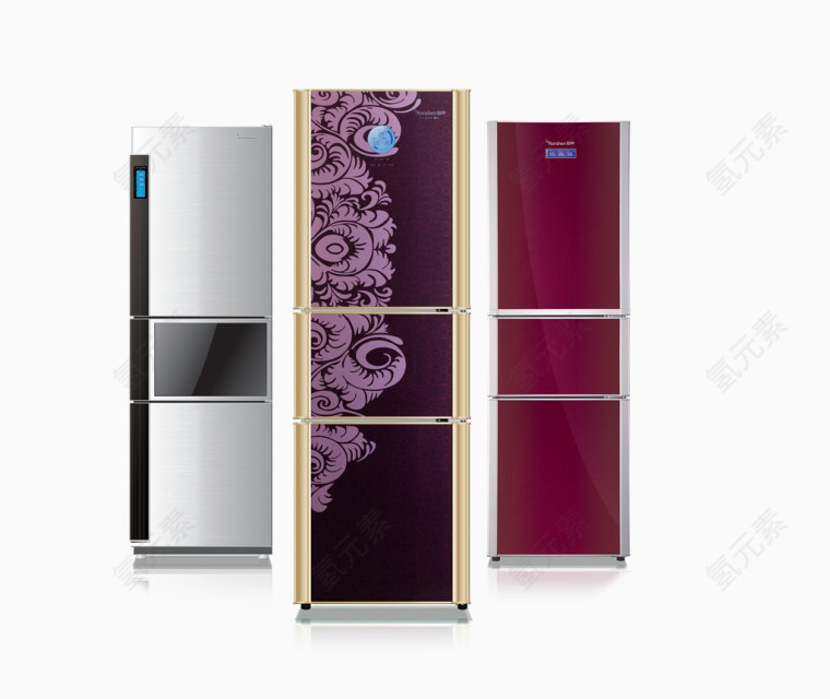 三台不同颜色冰箱