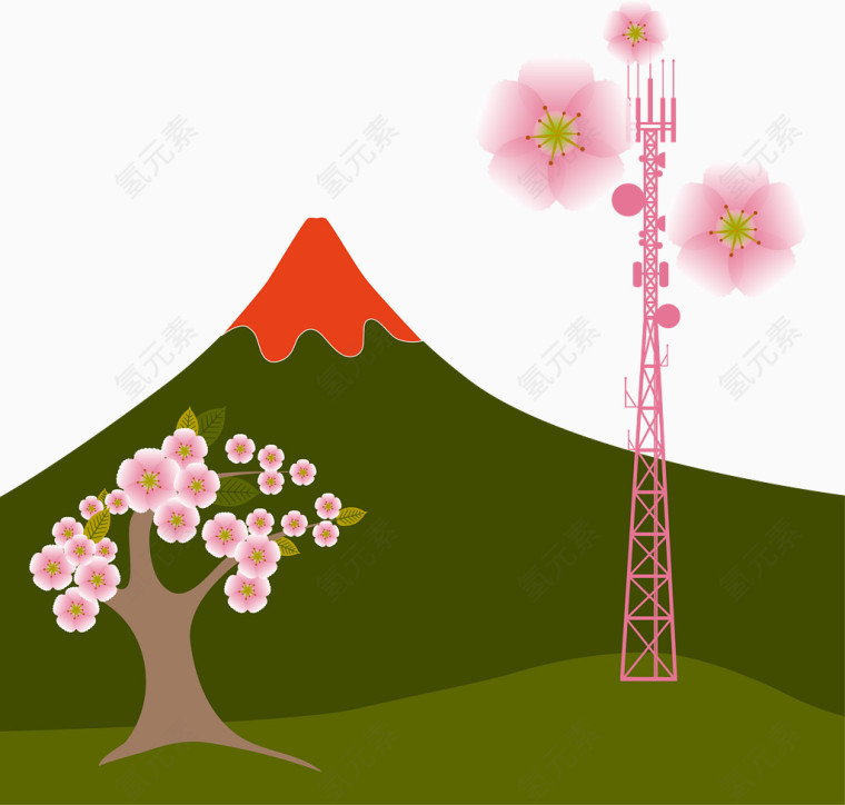 装饰富士山樱花和粉色信号发射塔