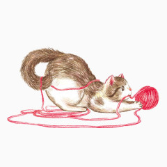玩线团的猫咪手绘画素材图片