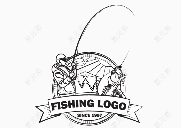 钓鱼鱼钩线描手绘