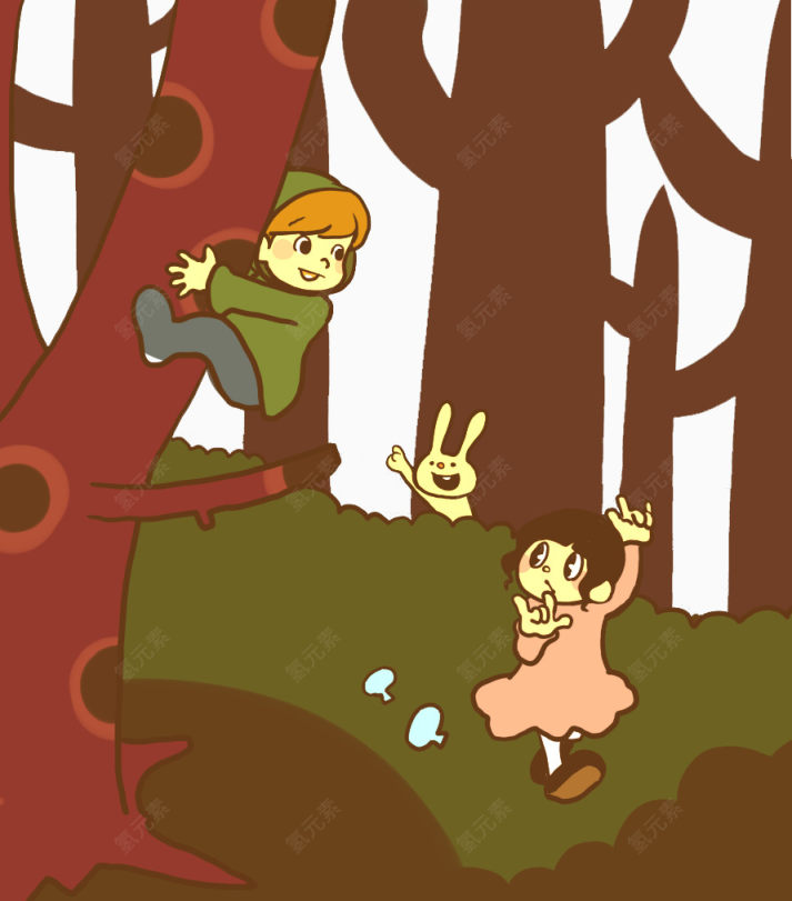 森林里爬树的男孩与女孩下载
