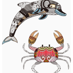 矢量花纹海豚与螃蟹