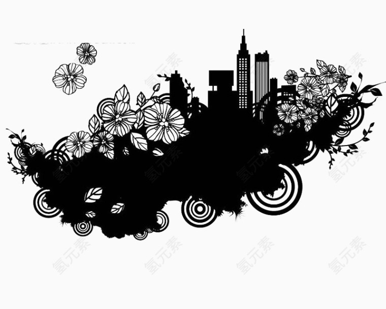 手绘黑白花朵和城市楼房