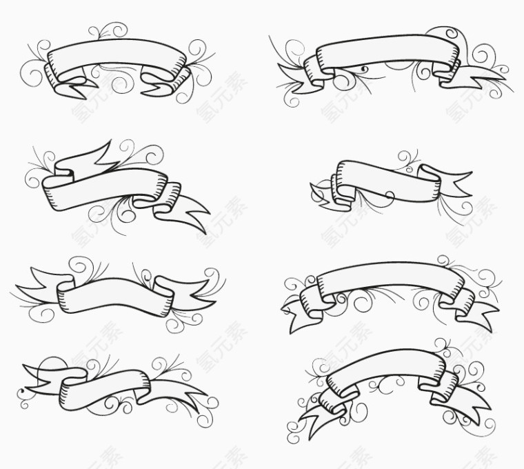 8款黑色手绘丝带设计矢量素材