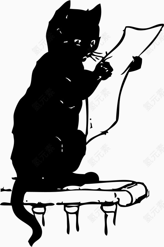 黑色的卡通看报纸的小猫